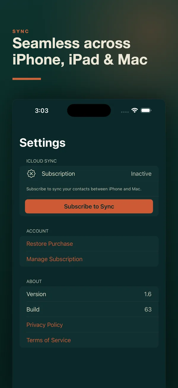 iPhone: Settings with the optional Evergreen Sync subscription.